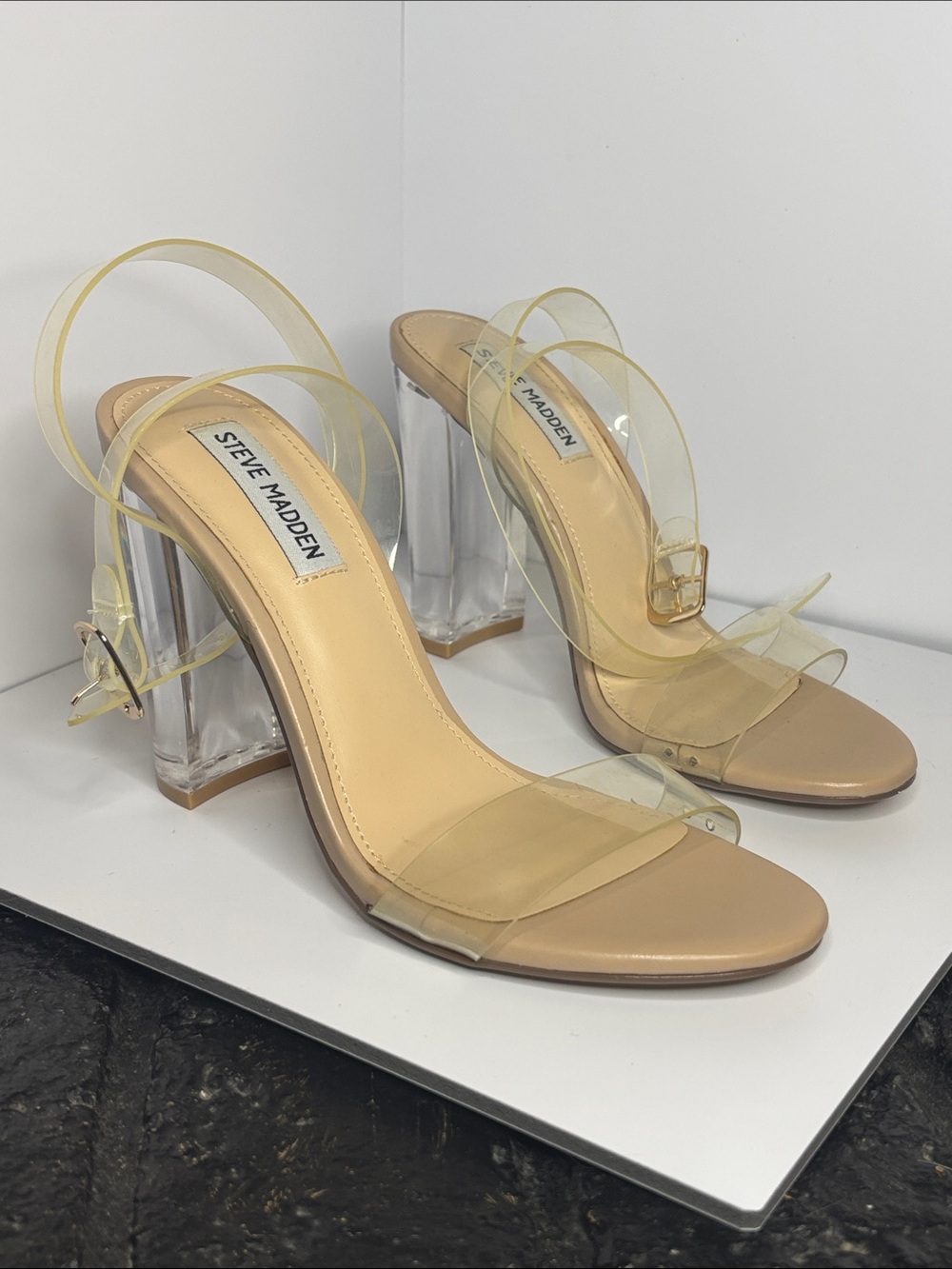 Steve Madden Nude and Clear Lucite Block Heel Sandals